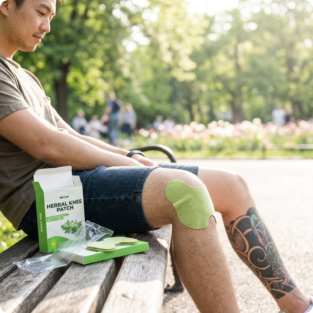 Wellnee customer wearing the knee relief patch during daily activity