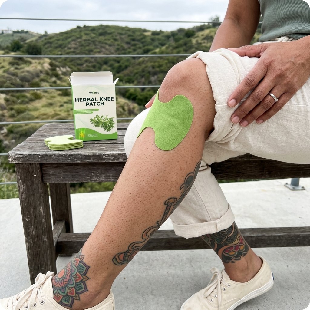 Wellnee customer applying the knee relief patch at home